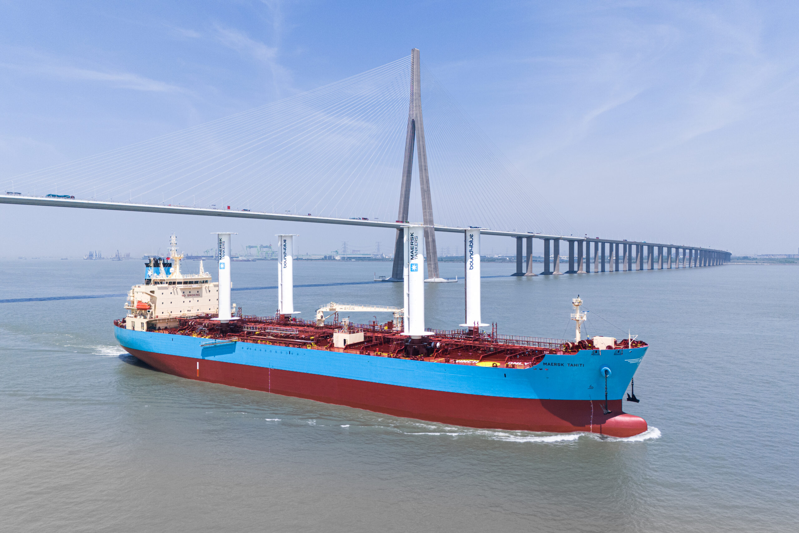 Maersk Tahiti tanker equipped with eSAIL wind propulsion system at sea